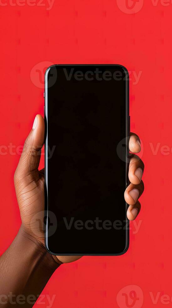 Hand holding smartphone with a black blank screen isolated on a red background. ai generated photo