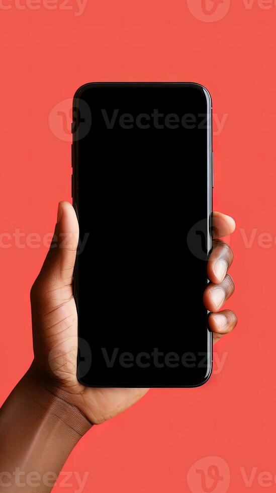 Hand holding smartphone with a black blank screen isolated on a red background. ai generated photo