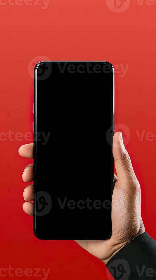 Hand holding smartphone with a black blank screen isolated on a red background. ai generated photo