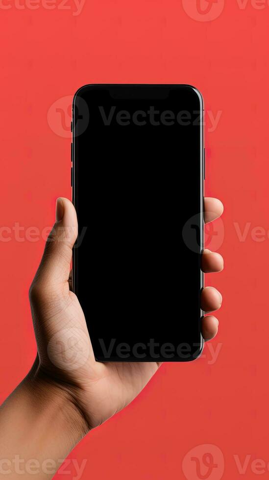 Hand holding smartphone with a black blank screen isolated on a red background. ai generated photo