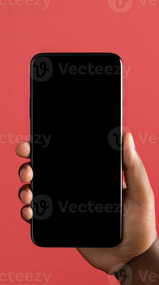 Hand holding smartphone with a black blank screen isolated on a red background. ai generated photo