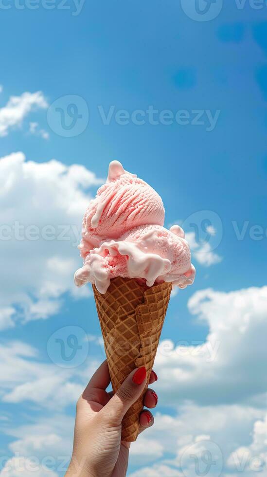 Hand holding strawberry ice cream with cone isolated on a blue sky and cloud background. ai generated photo