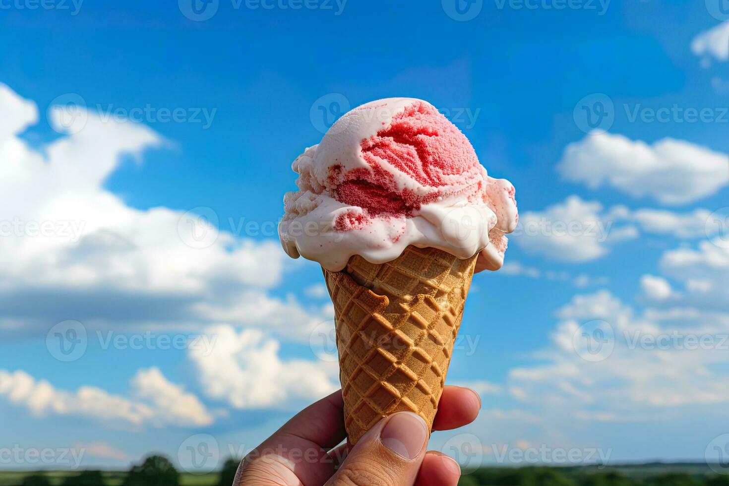 Hand holding strawberry ice cream with cone isolated on a blue sky and cloud background. ai generated photo