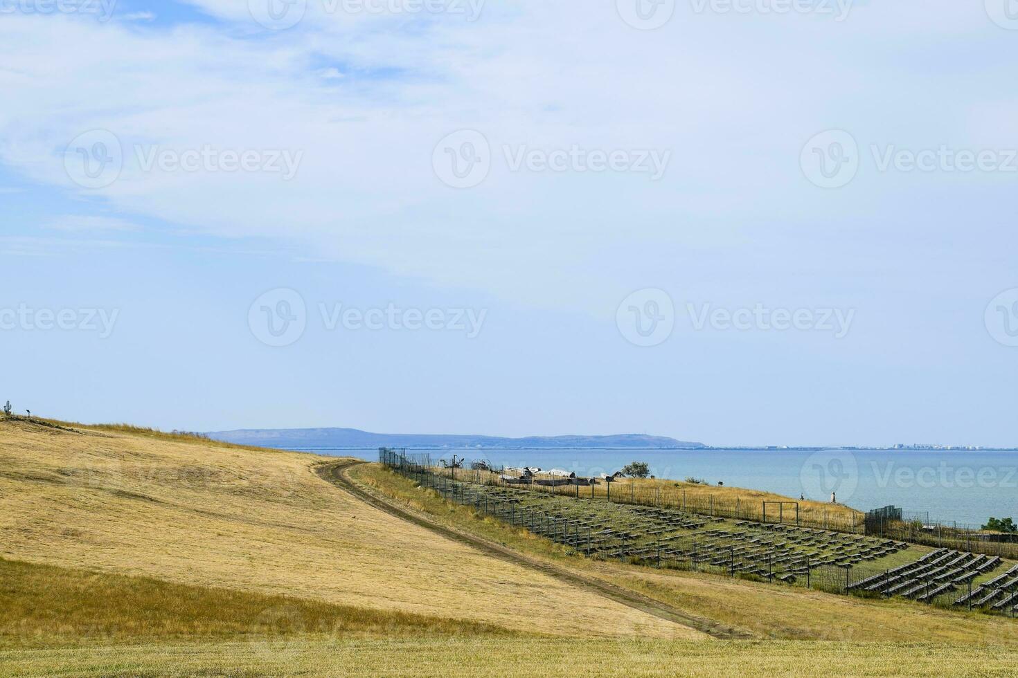 The landscape at the Cossack village - a museum Ataman. the village and the sea view from the heights of the hill. photo