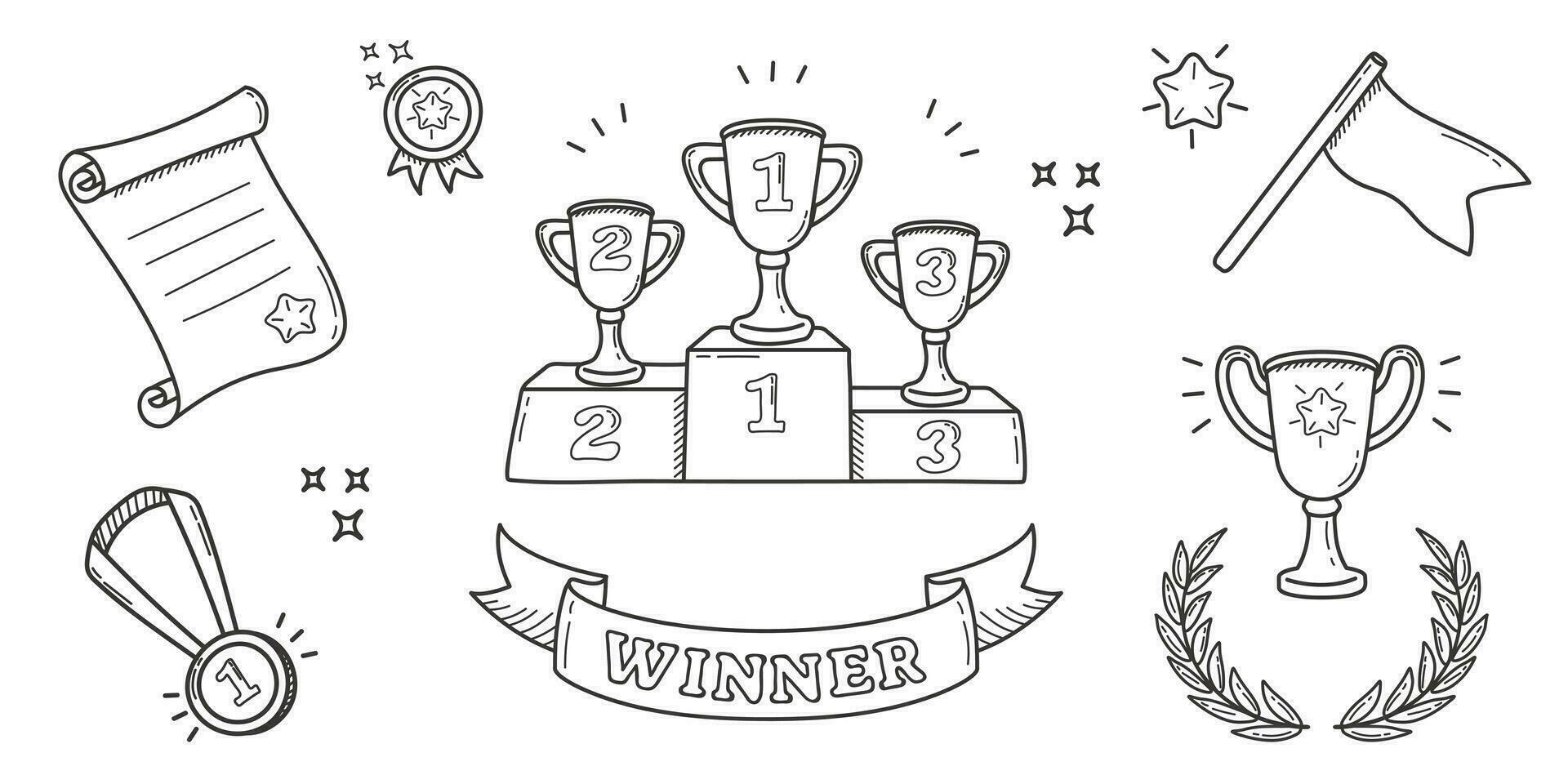 Set of awards in doodle style. Hand drawn winner cups and medals. Linear vector illustrations of prizes and success items