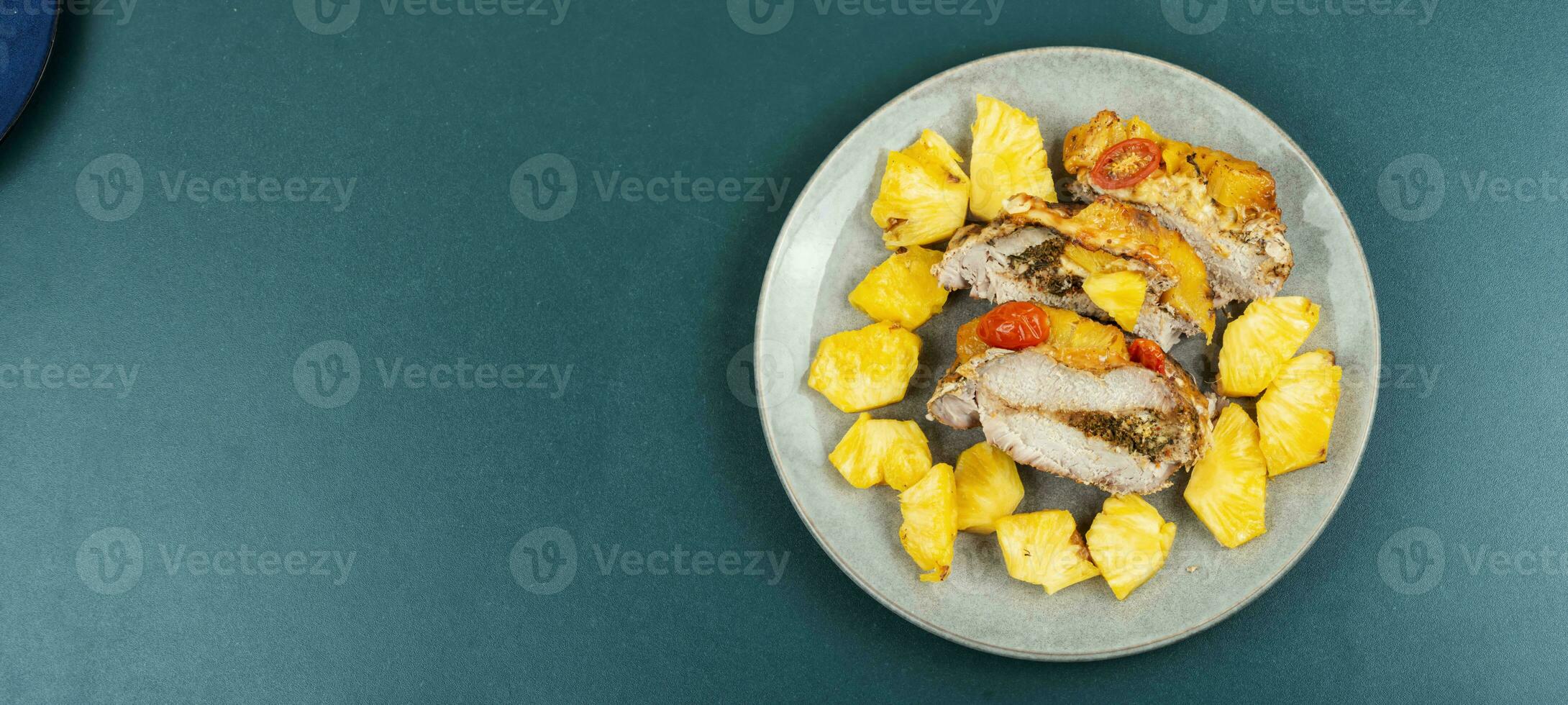 Pork meat fried with pineapple, space for text. photo