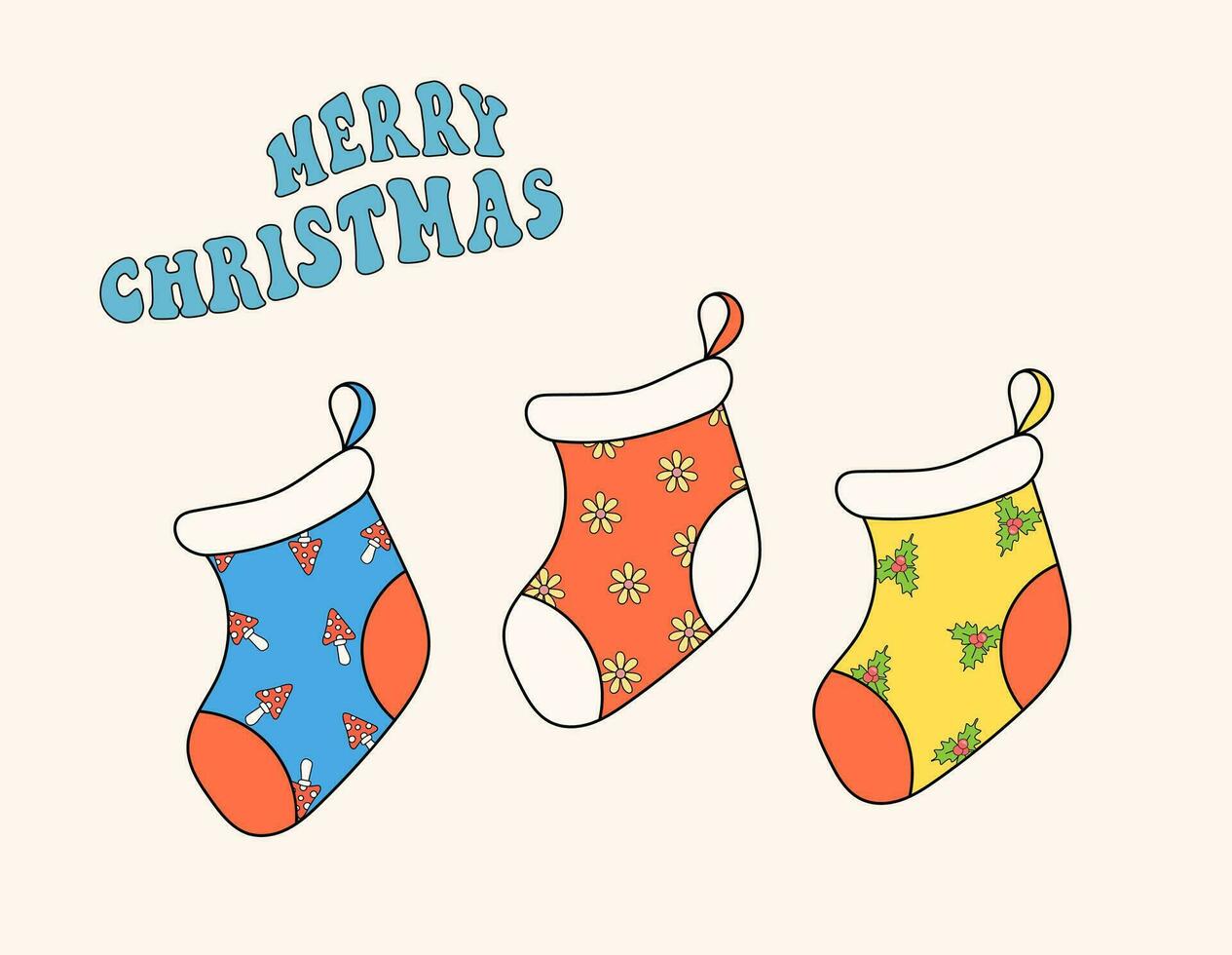 Groovy Christmas socks, Retro decoration. Vintage cartoon Merry Christmas vector. Groovy lettering. vector