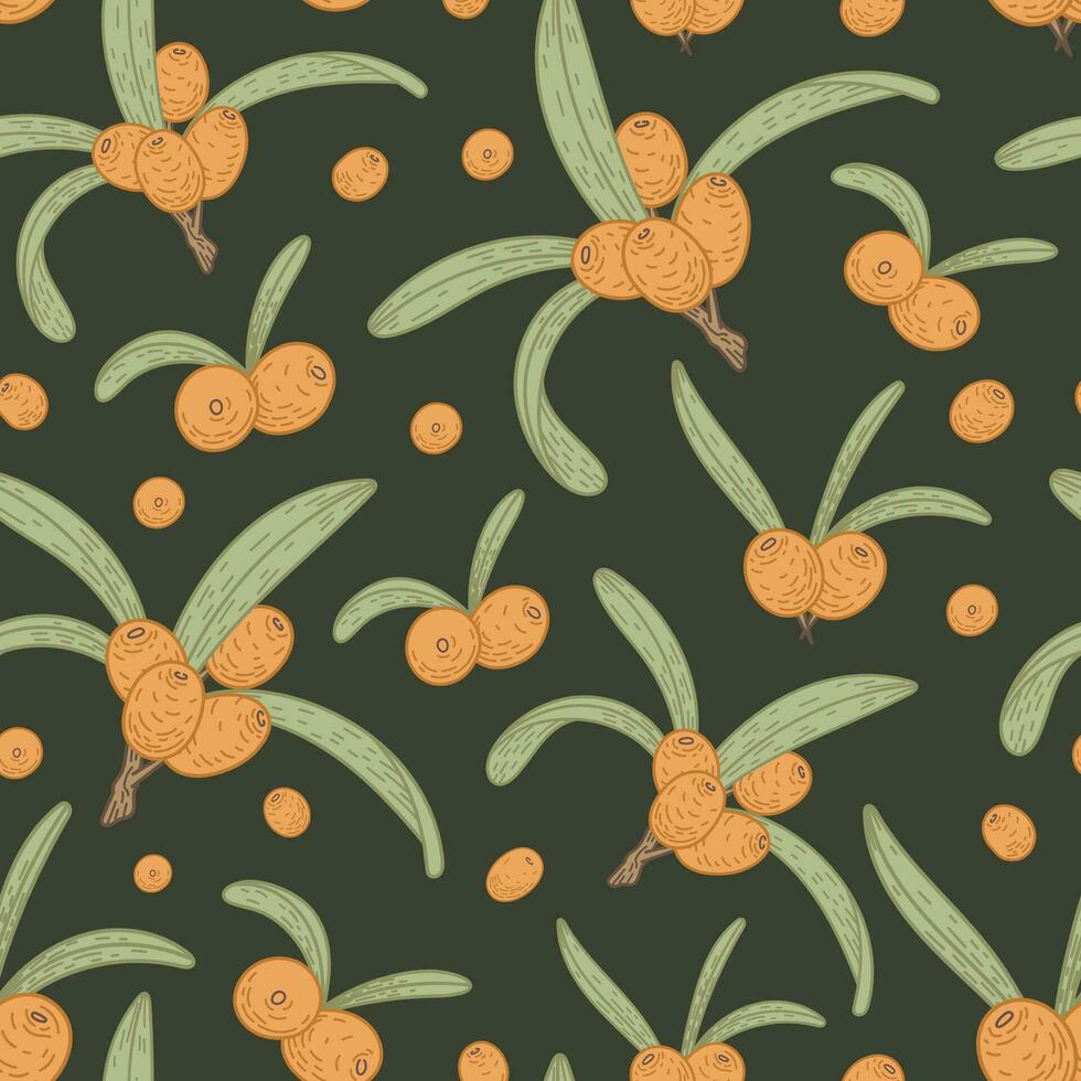 Sea buckthorn branches with leaves and berries. Natural green plant, vector seamless pattern.