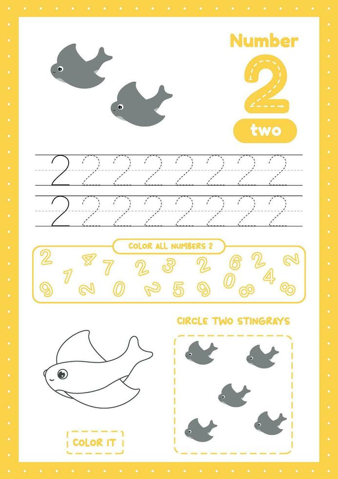 Many exercises for toddlers. Educational a4 worksheets for preschool kids.  Learning number 2. Trace, color, count on one page vector