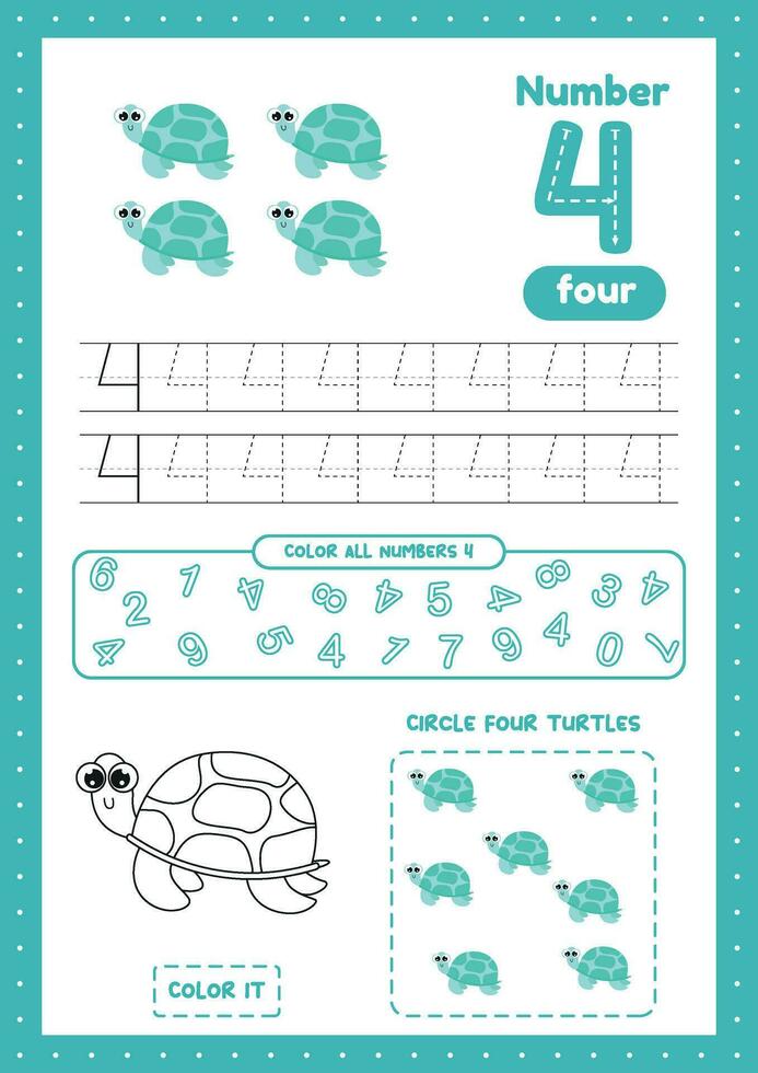 Educational worksheet with many exercises for preschool kids. Trace, color, count on one a4 page. Learn number 4. vector