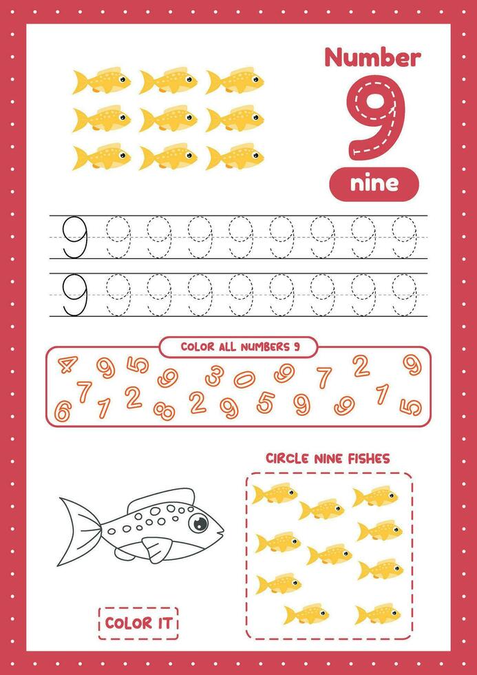 Educational sheet with many exercises for preschool kids. Trace, color, count fishes on one a4 size page. Learn number 9. vector
