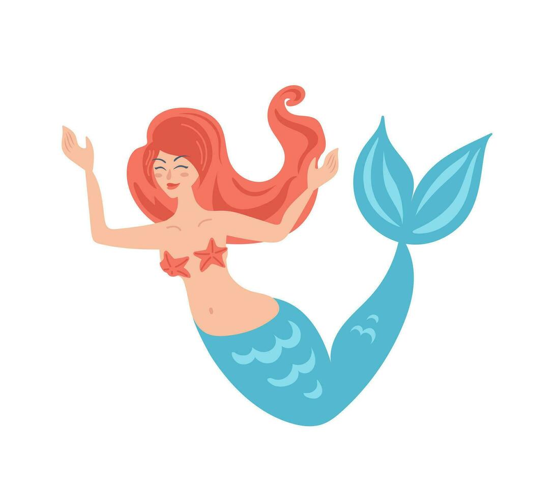 Mermaid with red hair and starfish bikini. Cartoon child character in flat style. Marine life. For stickers, posters, postcards, design elements vector