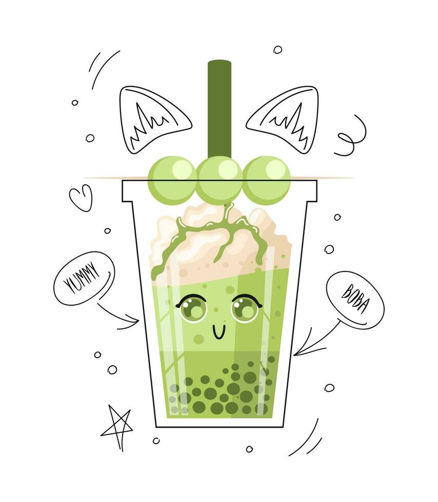 Matcha bubble tea, pearl milk tea, boba, Taiwans drink. Dango balls on a stick. chewy tapioca balls grass jelly. Whipped cream, berry topping. Cute doodle illustration. For menu, cafe, flyer, banner vector