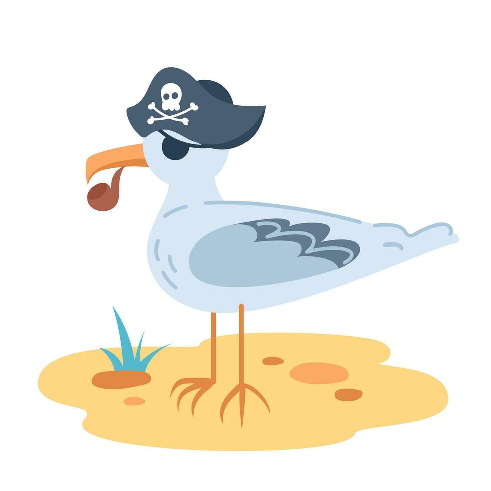 Cute sea gull sailor with a tobacco pipe in a cocked hat. Childrens cartoon character. One-eyed pirate, Jolly Roger, adventures and travels. Vector illustration in flat style. For stickers, design.