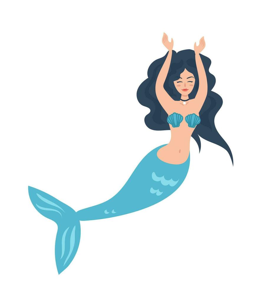 Mermaid with black hair, choker with pearl and bikini shells. Cartoon child character in flat style. Marine life. For stickers, posters, postcards, design elements. vector