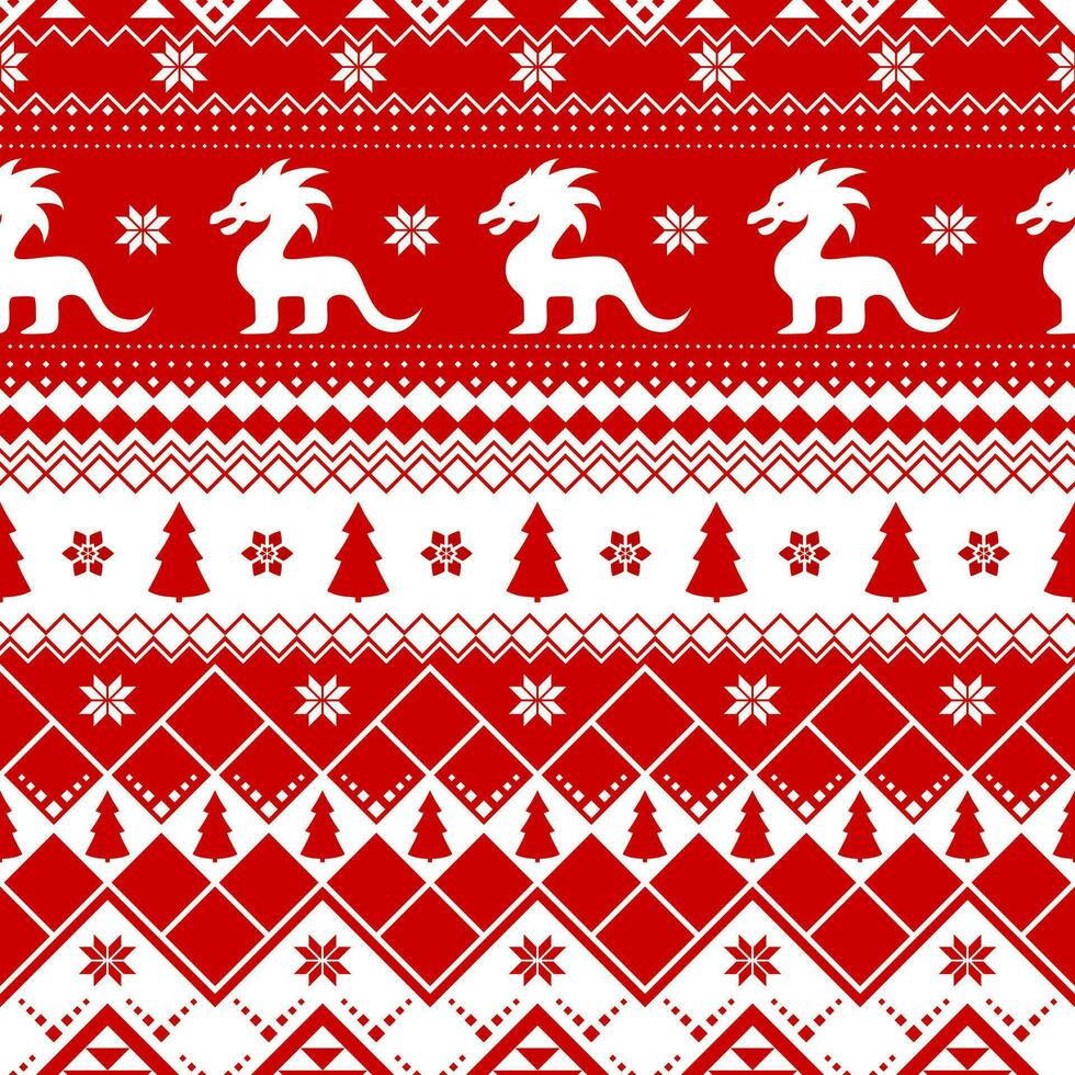 Seamless Christmas pattern - varied Xmas dragon with norway ornament. Red and white Happy New Year background. Vector design for winter holidays. Print for fabric.