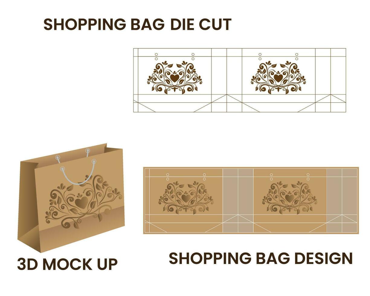 Shopping bag design. Unique Shopping product package for corporate brand template. Shopping bag die-cut template. 3D shopping bag mock up. vector