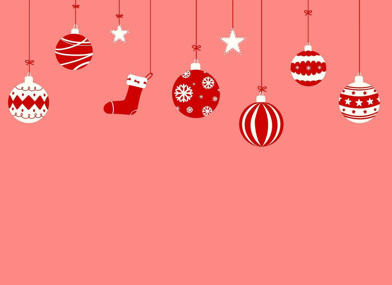 Set of Christmas balls ornaments hanging on red background vector