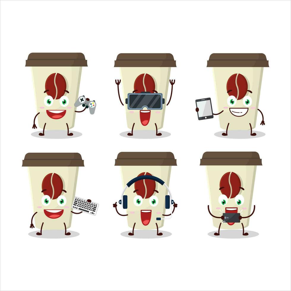 Coffee milk cup cartoon character are playing games with various cute emoticons vector