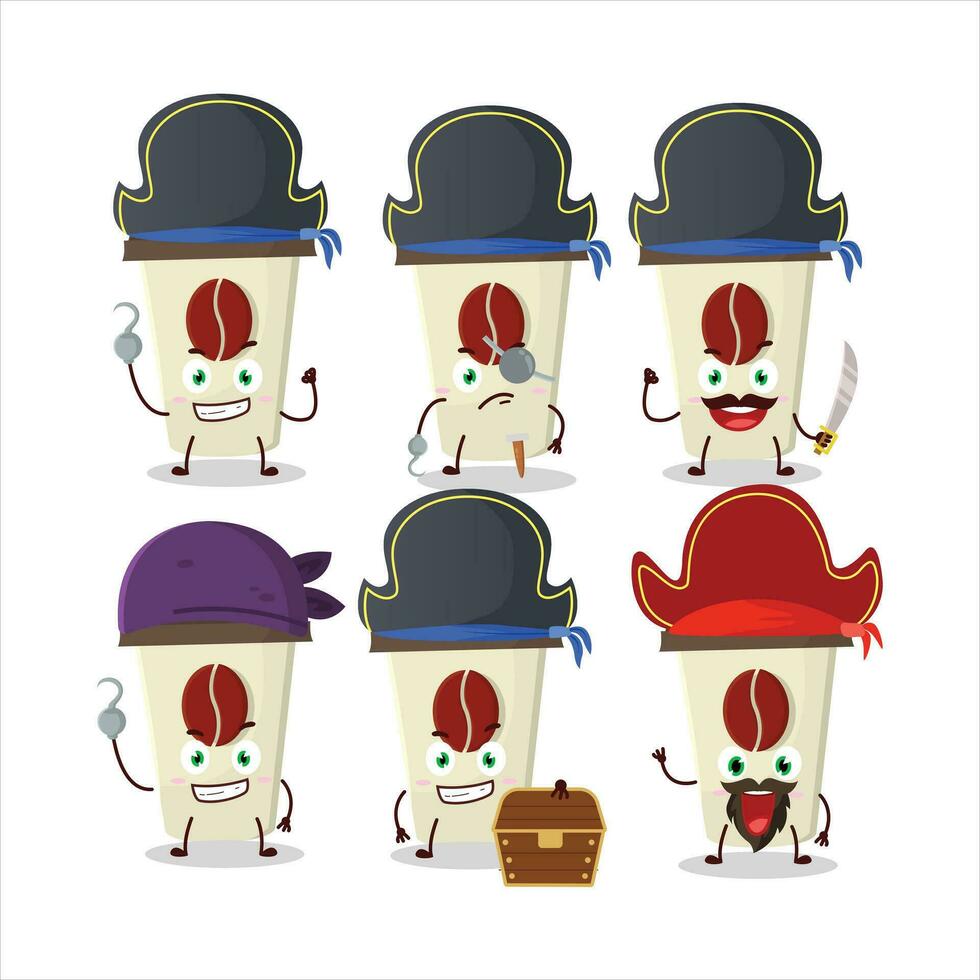 Cartoon character of coffee milk cup with various pirates emoticons vector