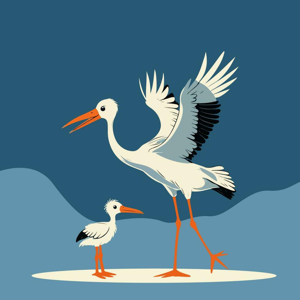 Mother stork and baby stork vector illustration