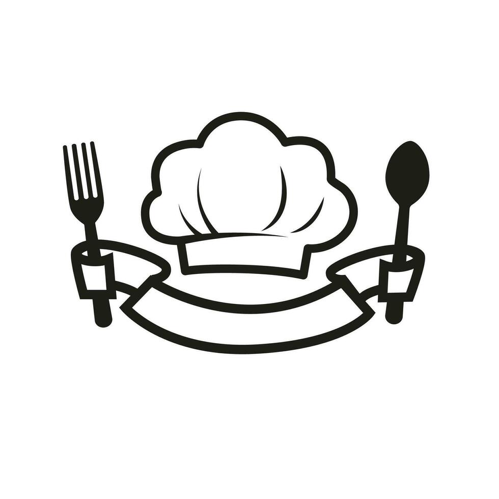 Chef hat with kitchen utensils. Chef hat, spoon, fork. Restaurant logo vector