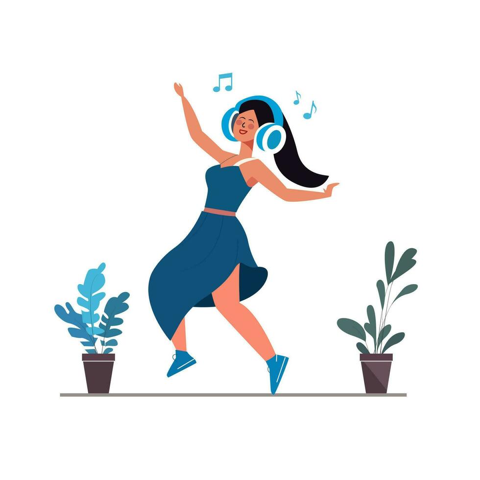 Inspired positive girl in dancing while listening music vector