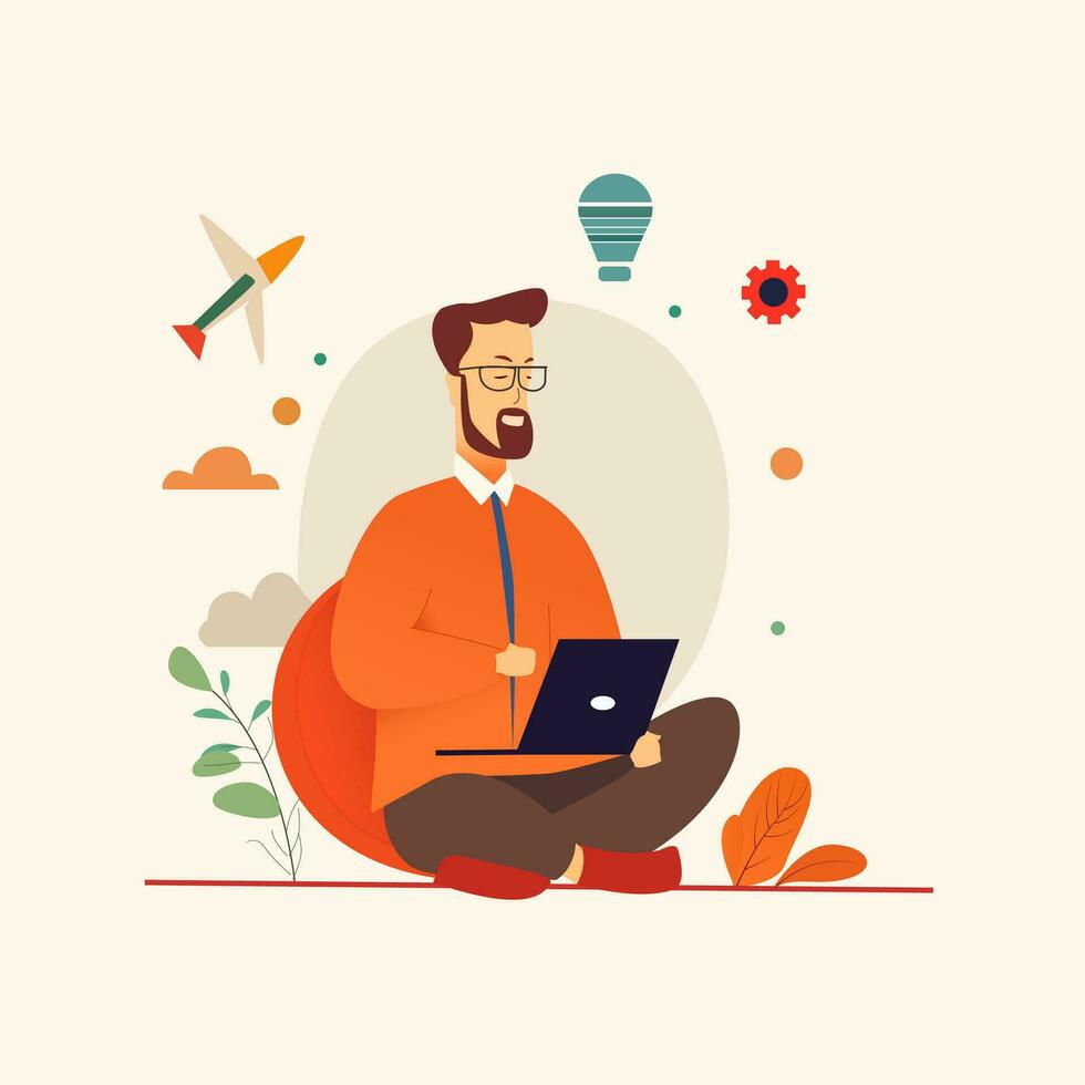 Man using laptop for work. Creative concept vector