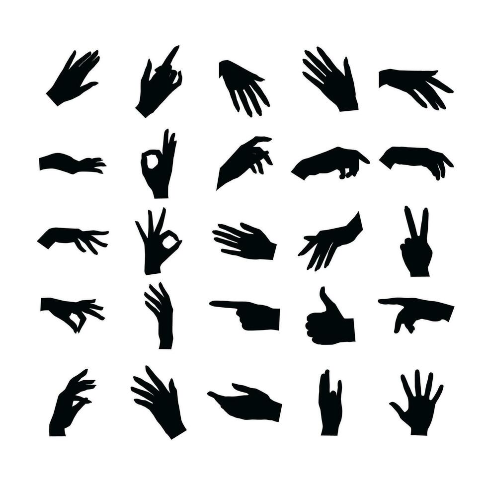 Set of various black silhouette woman hands. Vector collection of female hands of different gestures