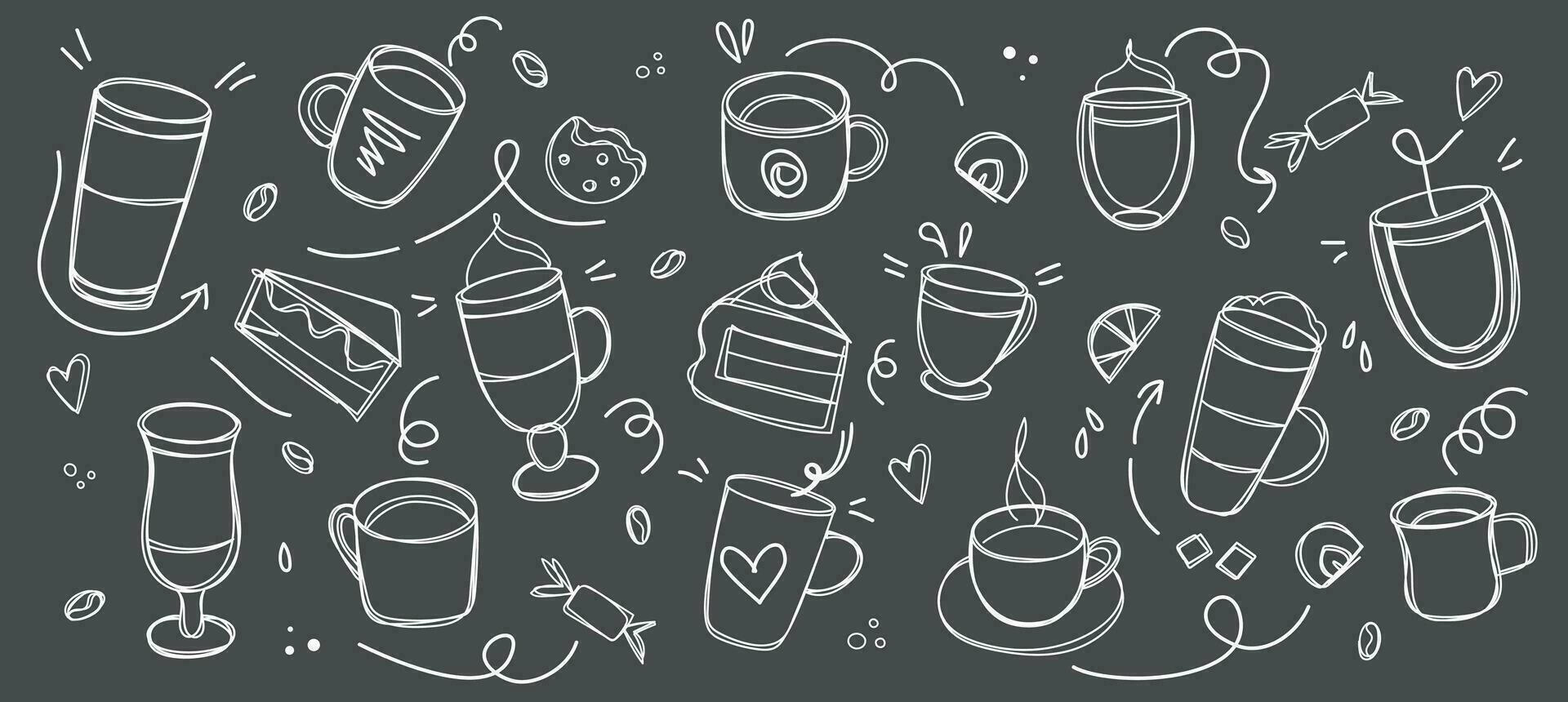 Coffee and desserts in doodle style drawn with chalk on a black board. Sketch of different cups of coffee and cappuccino. Banner Art background for cafe shop, card, banner etc. vector