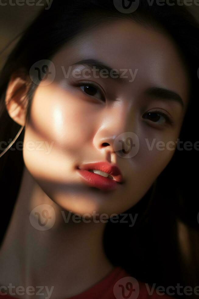 AI Generative close up shot of beauty asian face with good aesthetic morning light photo