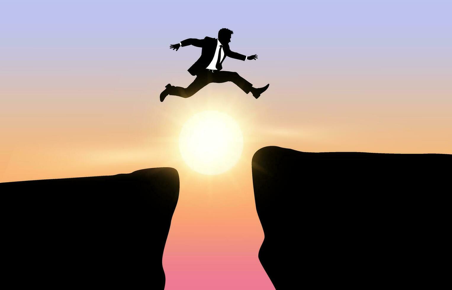Business jump through the gap between hill, man jumping over cliff, on sunset background,Business concept idea vector