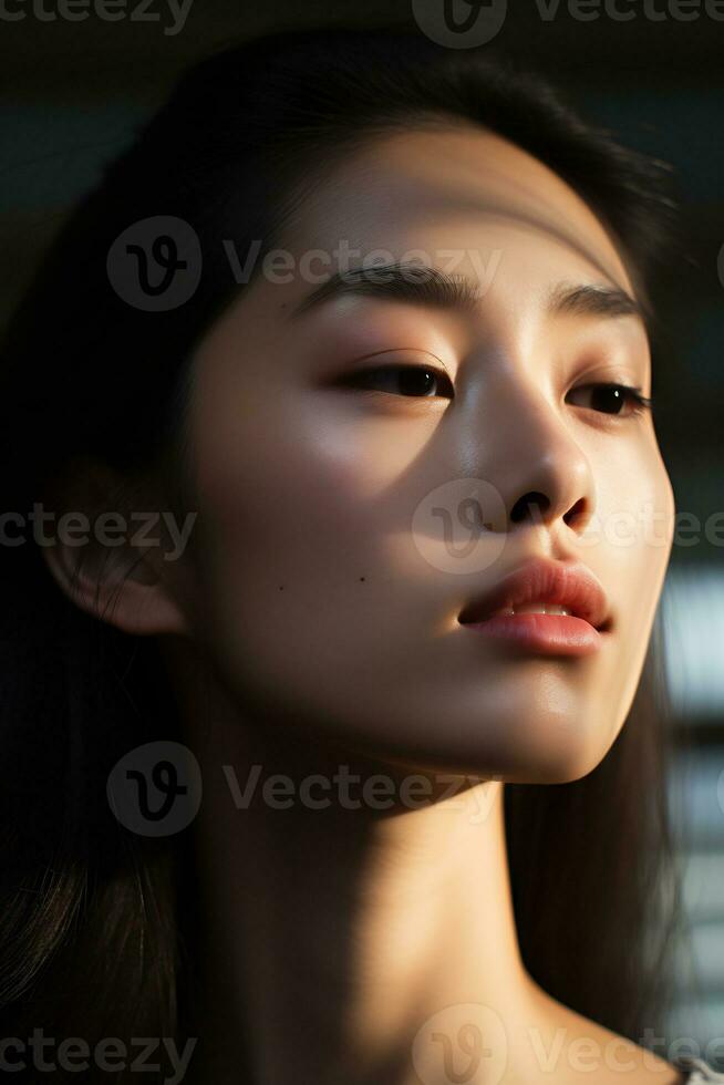 AI Generative close up shot of beauty asian face with good aesthetic morning light photo