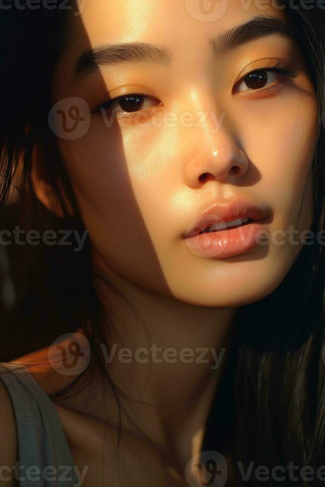 AI Generative close up shot of beauty asian face with good aesthetic morning light photo