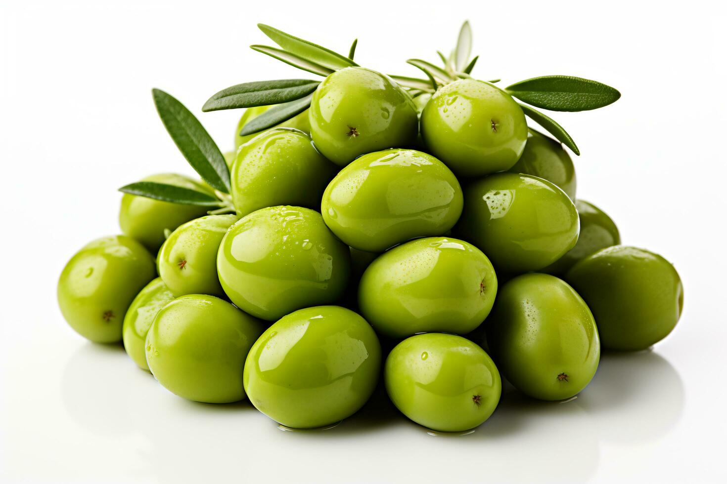 AI Generative Image of fresh green olives with white background photo