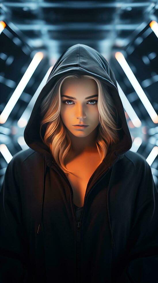 Young girl wearing black hoodie with cyberpunk style. Generative AI ...