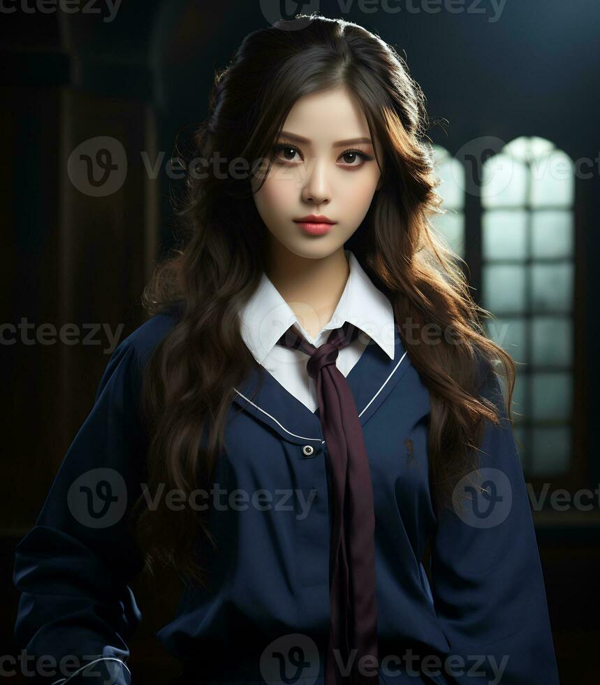 a beautiful asian school girl with delicate face. AI Generative photo