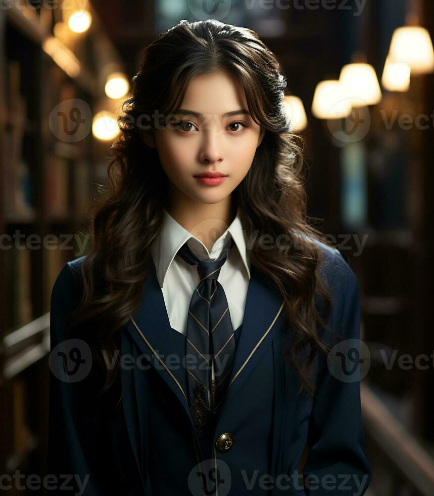 a beautiful asian school girl with delicate face. AI Generative photo