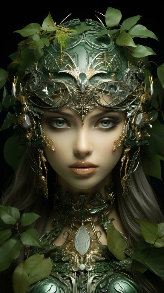 an elegant face and green leaves. AI Generative photo