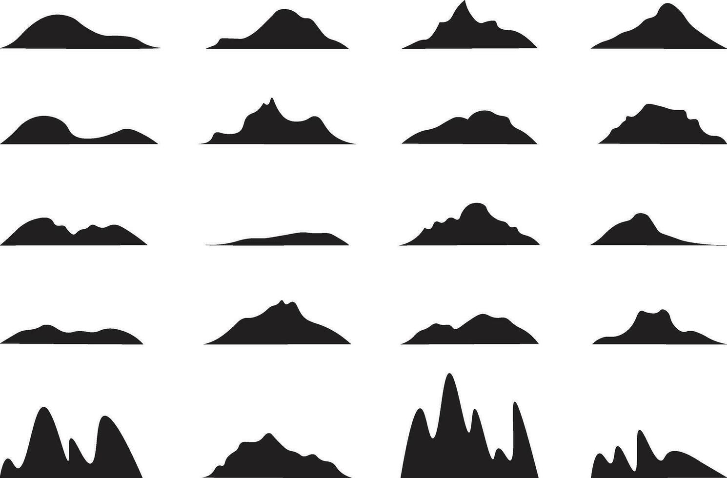 Mountains silhouette. Mountain peak, hills tops, berg and mountain valley silhouette, Tibet or Alps mountains sketch vector illustration set. Mountain hill silhouette, landscape nature terrain