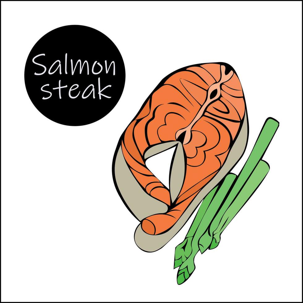 Salmon steak with asparagus branches for cooking. Healthy food concept. vector