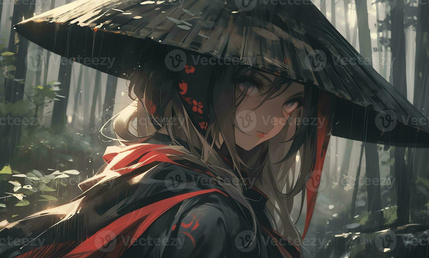 AI Generative samurai assassins girl with bright eyes in anime style photo