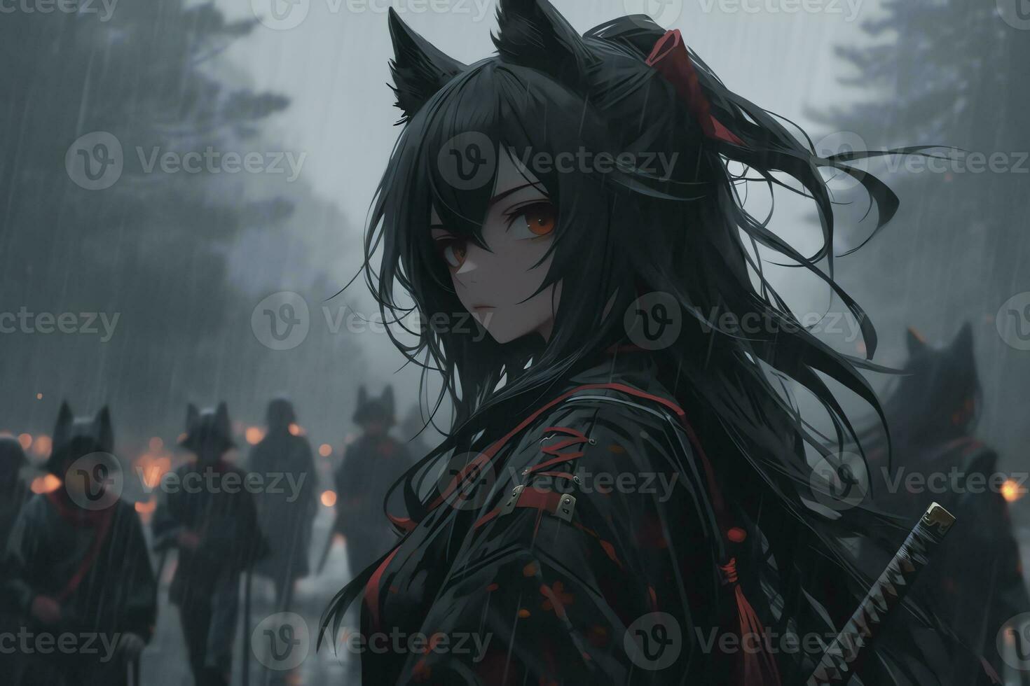 AI Generative samurai assassins girl with bright eyes in anime style photo