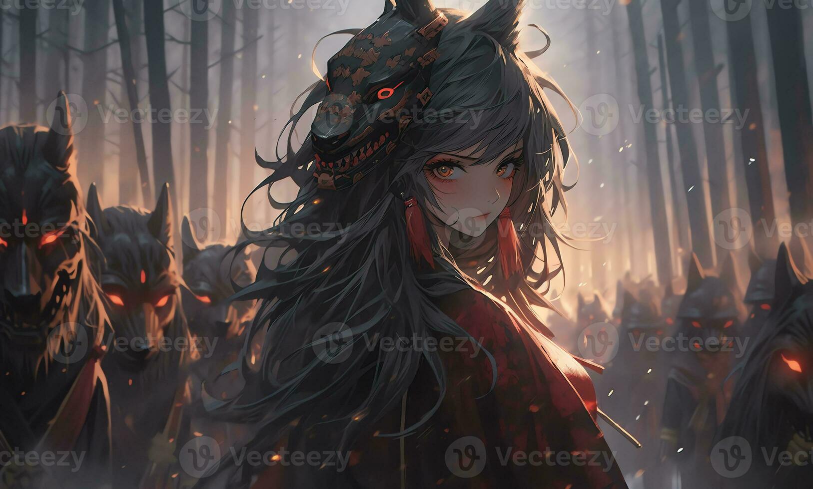 AI Generative samurai assassins girl with bright eyes in anime style photo