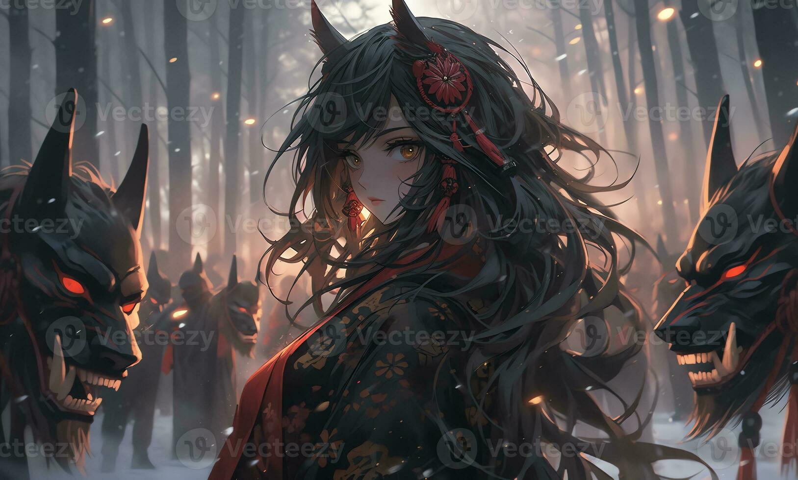 AI Generative samurai assassins girl with bright eyes in anime style photo