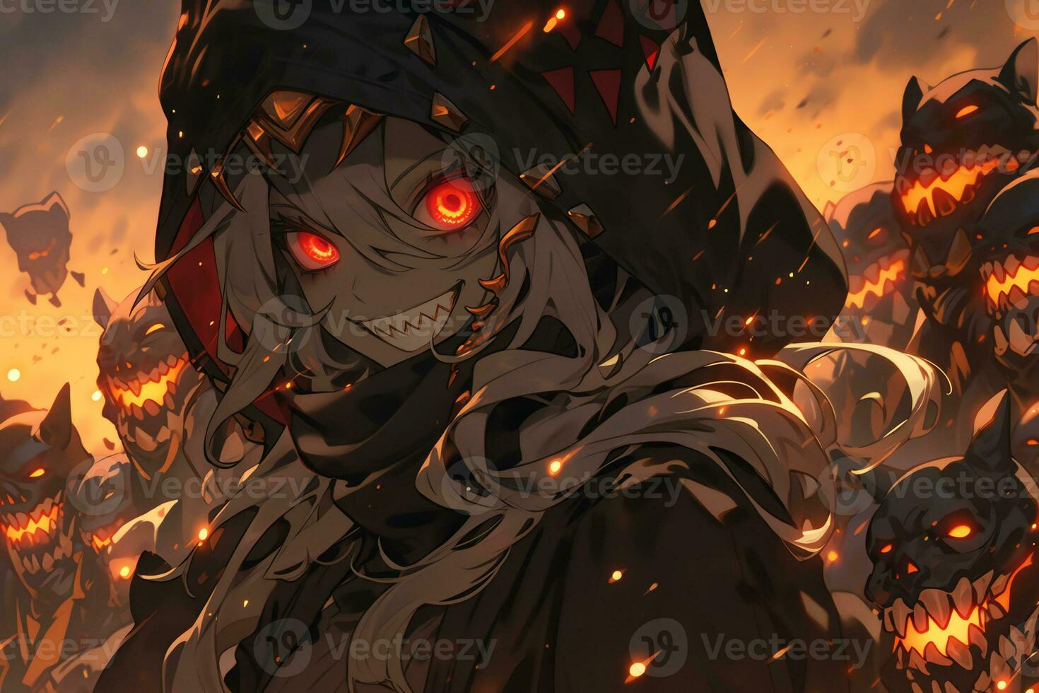 AI Generative Beautiful demon with the eyes lights up in anime style photo