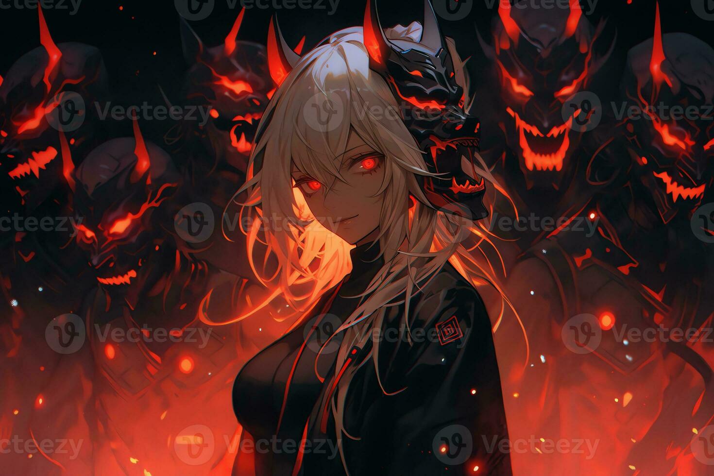 AI Generative Beautiful demon with the eyes lights up in anime style photo