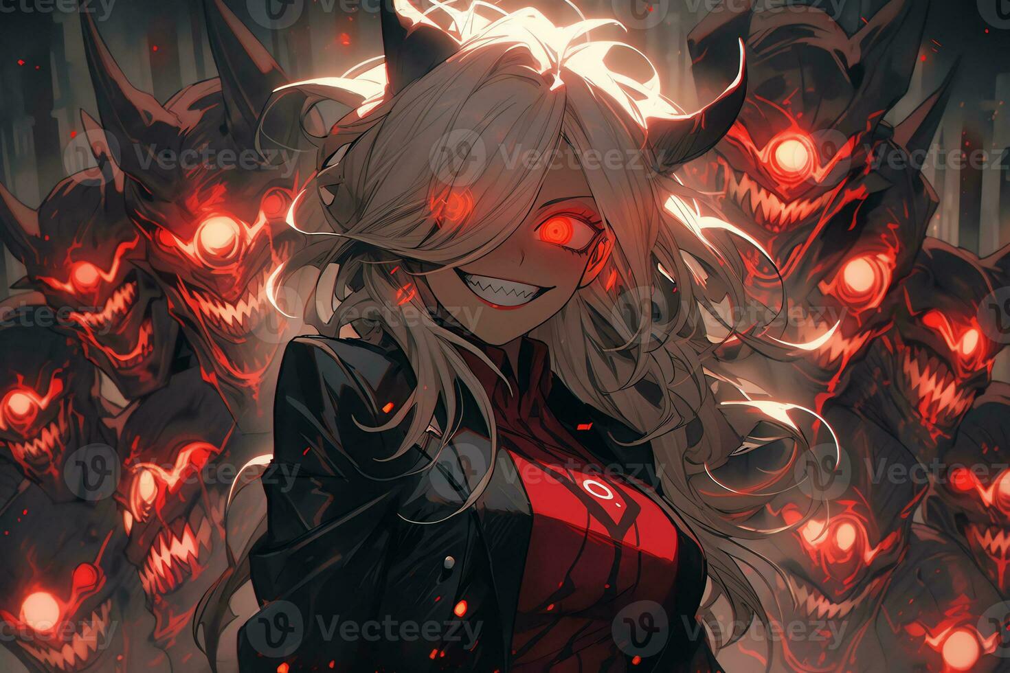 ai generativo hermosa demonio con el ojos luces arriba en anime estilo foto