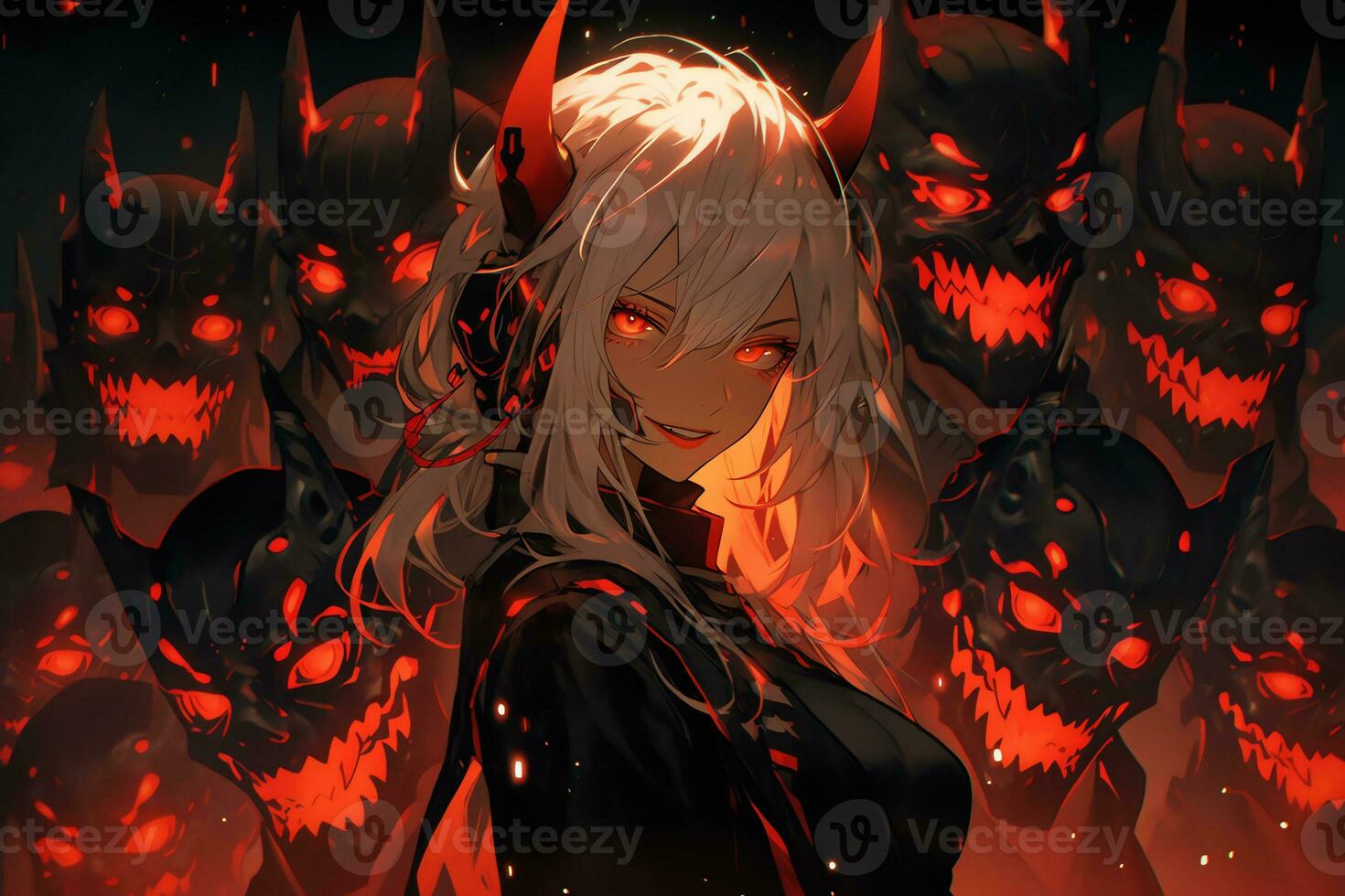 AI Generative Beautiful demon with the eyes lights up in anime style photo