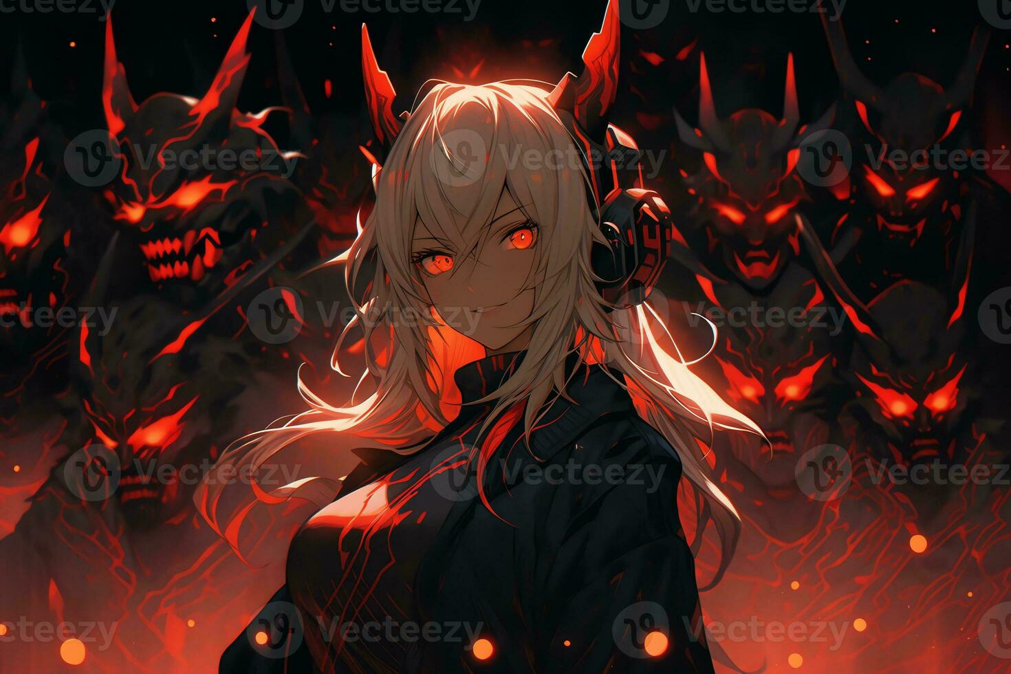 AI Generative Beautiful demon with the eyes lights up in anime style photo